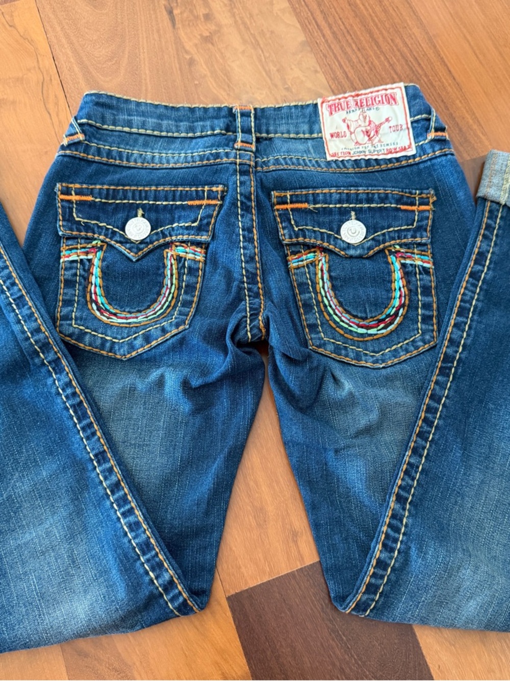 True Religion Women's Dark Blue Jeans w Multicolor Rainbow Embroidered Pockets